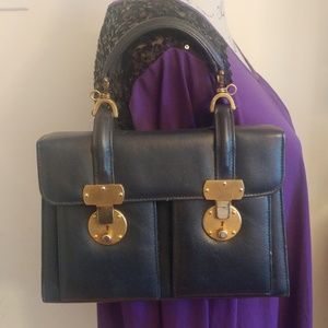 VINTAGE NAVY BLUE 3 COMPARTMENT LEATHER HANDBAG